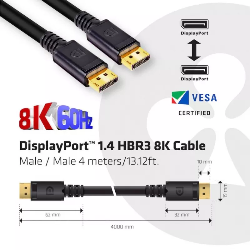 Club 3D CAC-1069B DisplayPort 1.4 HBR3-kabel, 8K 60 Hz, 32,4 Gbps, DSC 1.2, VESA-gecertificeerd, M/M, 4 m, zwart