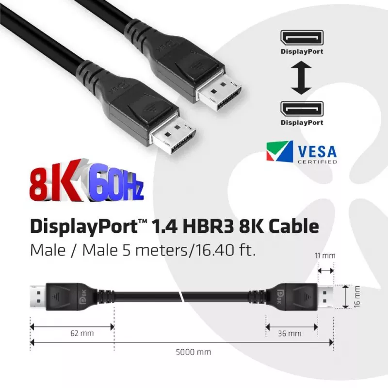 Club 3D CAC-1061 DisplayPort 1.4 HBR3-kabel, 8K 60 Hz, 32,4 Gbps, DSC 1.2, VESA-gecertificeerd, met vergrendeling, M/M, 5 m, zwart
