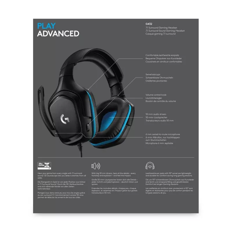 LOGITECH G432 - USB / 3.5mm - game-headset - 7.1 Surround - blauw