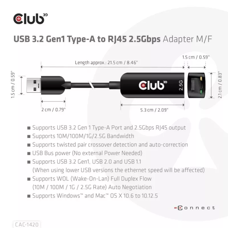 CLUB3D USB 3.2 Gen1 Type-A naar RJ45 2.5Gbps adapter
