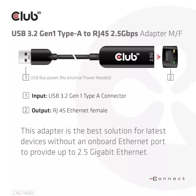 CLUB3D USB 3.2 Gen1 Type-A naar RJ45 2.5Gbps adapter