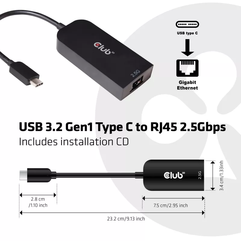 CLUB3D USB 3.2 Gen1 Type-C naar RJ45 2.5Gbps adapter