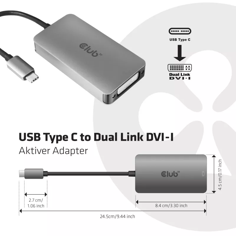 CLUB3D USB3.2 Gen1 Type-C naar Dual Link DVI-D HDCP ON Version actieve adapter M/F