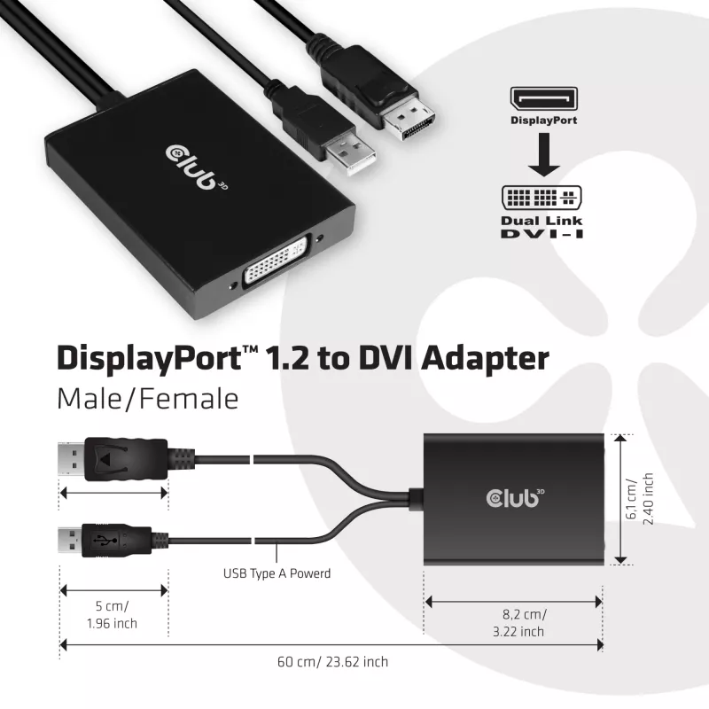CLUB3D DisplayPort naar Dual Link DVI-D HDCP ON Versie actieve adapter M/F