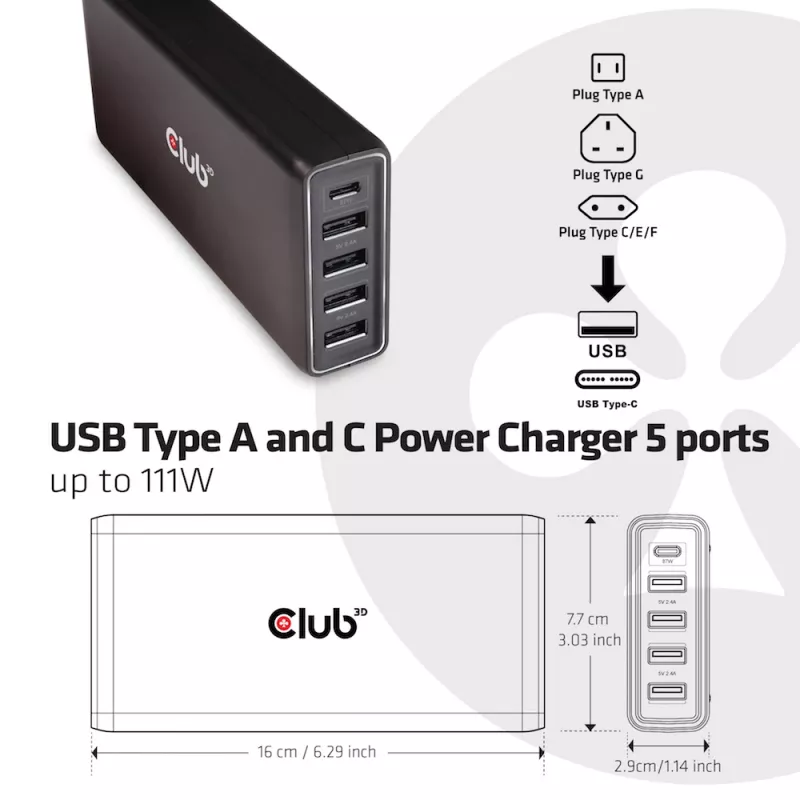 CLUB3D USB Type-A en C Power Charger, 5 poorten tot 111 W