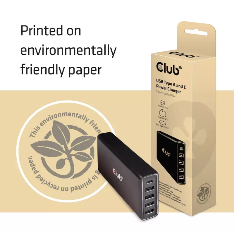 CLUB3D USB Type-A en C Power Charger, 5 poorten tot 111 W
