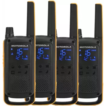 Tweeweg-portofoon Motorola Talkabout T82 Extreme Quad Pack — 4× PMR-handapparaten, 16 kanalen, IPX4, 500 mW, NiMH oplaadbaar, micro-USB