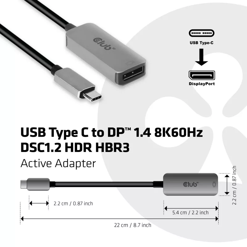 CLUB3D USB Type-C naar DisplayPort 1.4 8K60Hz HBR3 Actieve adapter