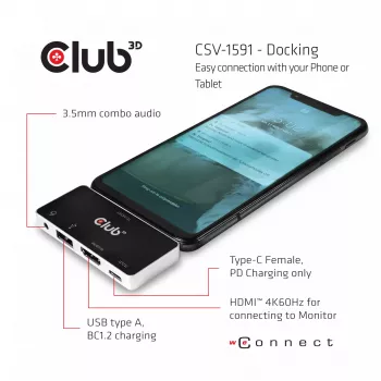 CLUB3D USB Type-C 4-in-1 Hub naar HDMI™ 4K60Hz USB Type-C PD / USB Type-A / Audioaansluiting