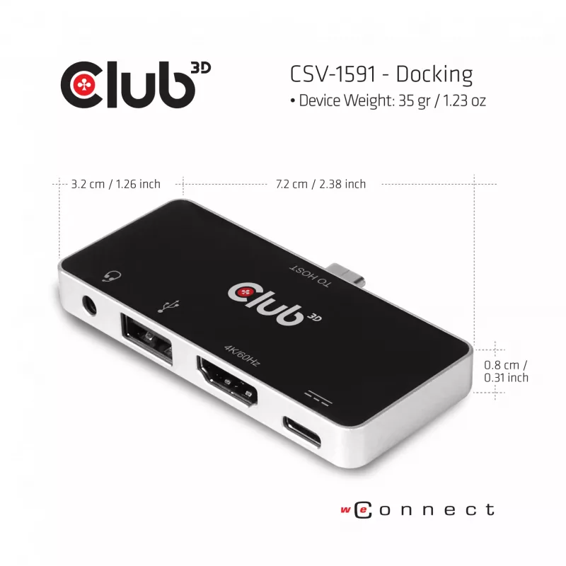 CLUB3D USB Type-C 4-in-1 Hub naar HDMI™ 4K60Hz USB Type-C PD / USB Type-A / Audioaansluiting