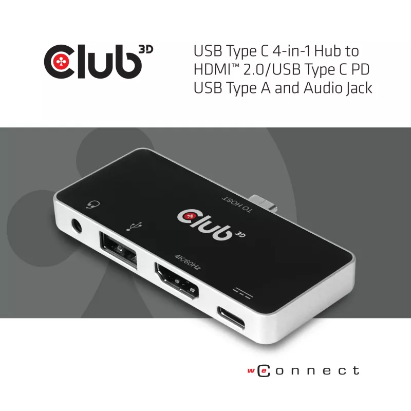 CLUB3D USB Type-C 4-in-1 Hub naar HDMI™ 4K60Hz USB Type-C PD / USB Type-A / Audioaansluiting