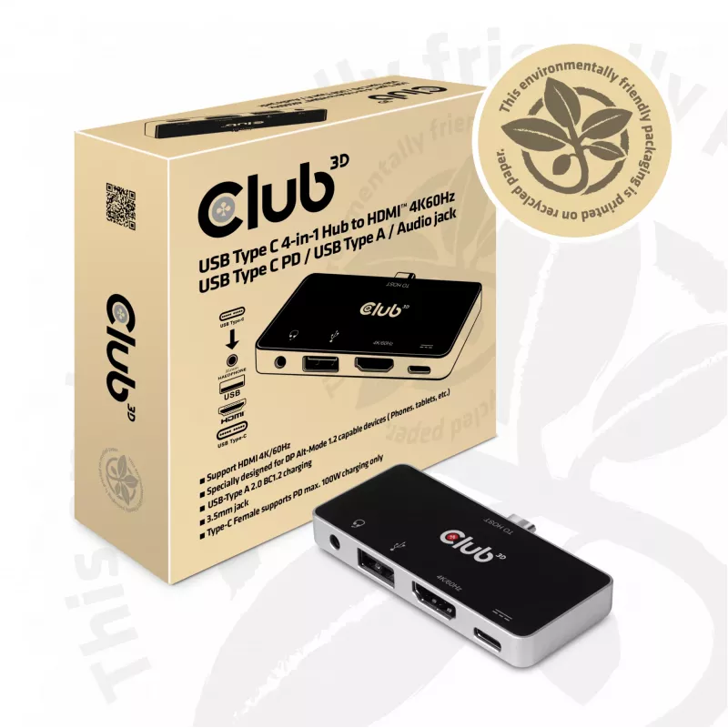 CLUB3D USB Type-C 4-in-1 Hub naar HDMI™ 4K60Hz USB Type-C PD / USB Type-A / Audioaansluiting