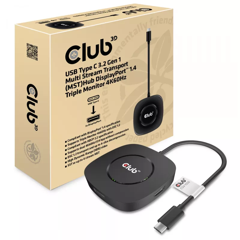 CLUB3D USB Type-C 3.2 Gen 1 Multi Stream Transport (MST) Hub DisplayPort 1.4 Drievoudige monitor