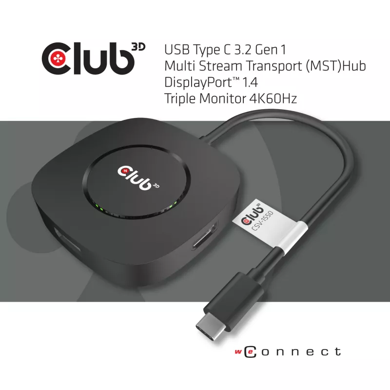 CLUB3D USB Type-C 3.2 Gen 1 Multi Stream Transport (MST) Hub DisplayPort 1.4 Drievoudige monitor