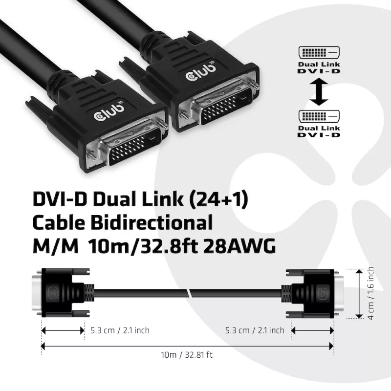 Club 3D CAC-1220 DVI-D Dual Link (24+1) kabel M/M, bidirectioneel, 28AWG, vergulde contacten, 10 m (32,8 ft), zwart