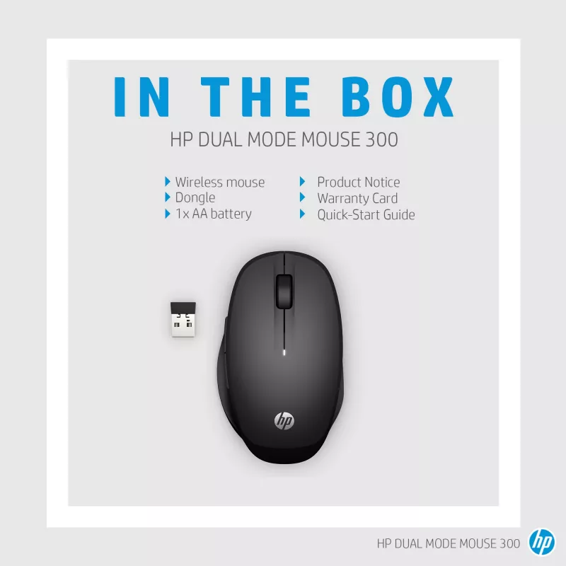 HP Dual Mode zwarte muis 300, rechtshandig, optisch, RF draadloos, 3600 DPI, zwart
