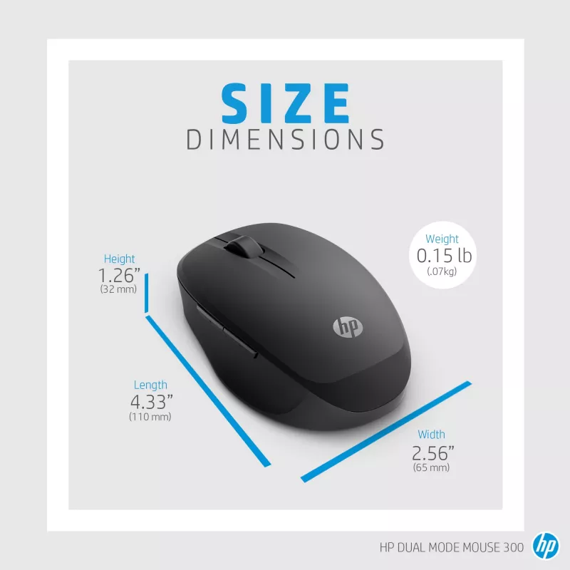 HP Dual Mode zwarte muis 300, rechtshandig, optisch, RF draadloos, 3600 DPI, zwart