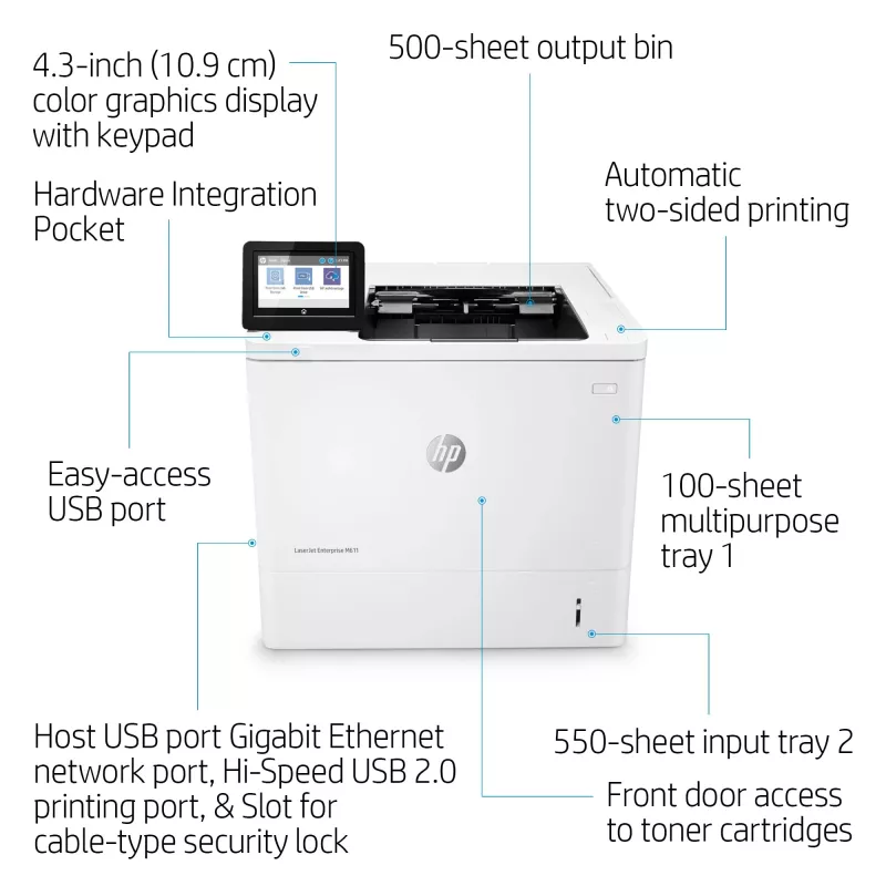 HP LaserJet Enterprise M611dn, laser, 1200 x 1200 DPI, A4, 61 ppm, dubbelzijdig printen, netwerkgeschikt