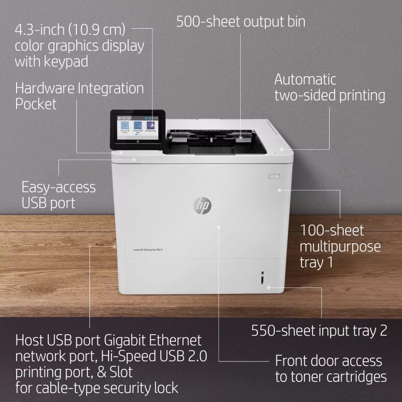 HP LaserJet Enterprise M611dn, laser, 1200 x 1200 DPI, A4, 61 ppm, dubbelzijdig printen, netwerkgeschikt