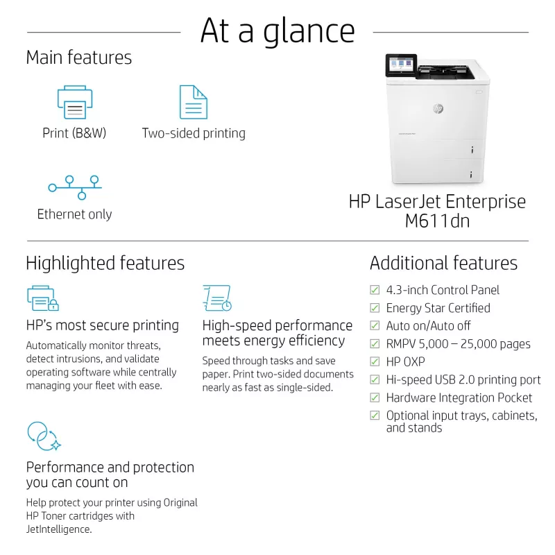 HP LaserJet Enterprise M611dn, laser, 1200 x 1200 DPI, A4, 61 ppm, dubbelzijdig printen, netwerkgeschikt