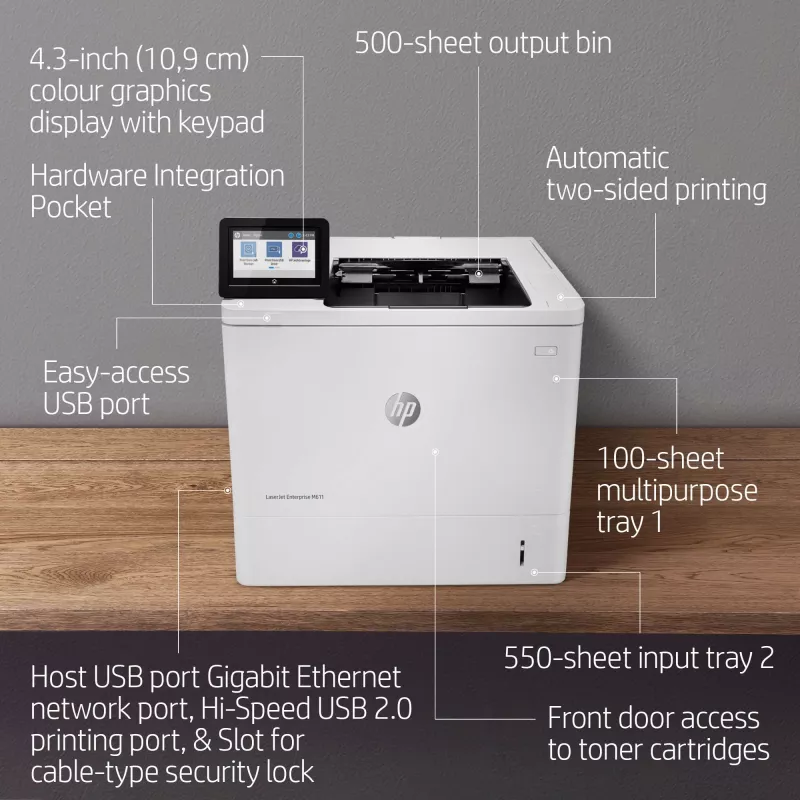 HP LaserJet Enterprise M611dn, laser, 1200 x 1200 DPI, A4, 61 ppm, dubbelzijdig printen, netwerkgeschikt