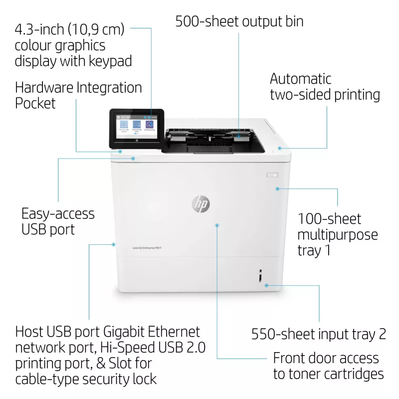 HP LaserJet Enterprise M611dn, laser, 1200 x 1200 DPI, A4, 61 ppm, dubbelzijdig printen, netwerkgeschikt