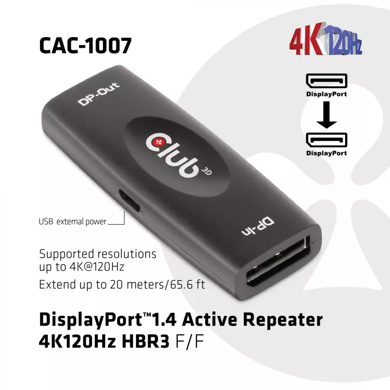 CLUB3D CAC-1007 DisplayPort actieve repeater 4K120Hz HBR3