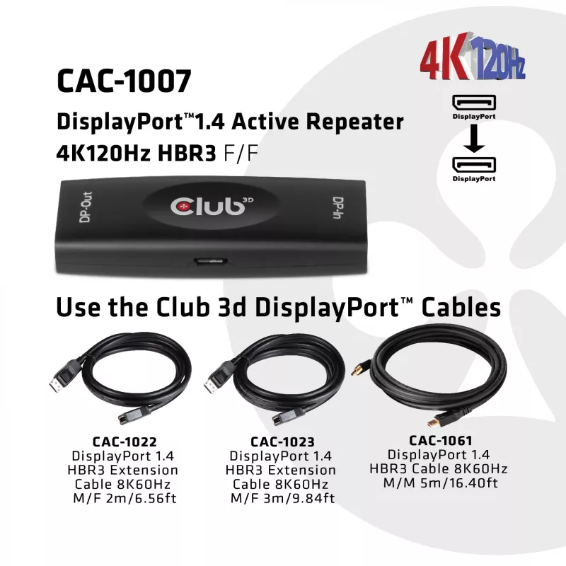 CLUB3D CAC-1007 DisplayPort actieve repeater 4K120Hz HBR3