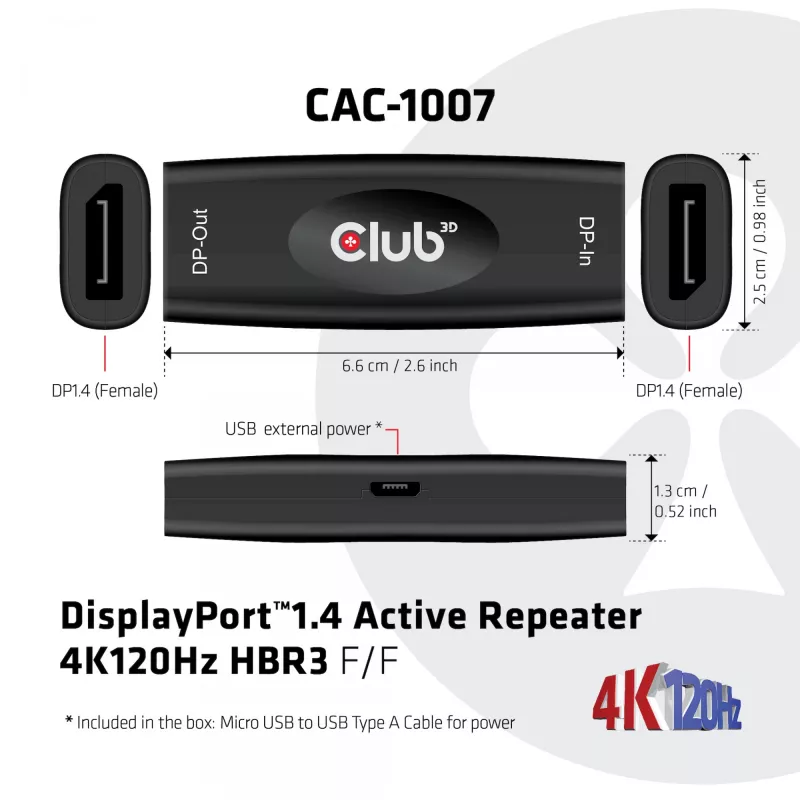 CLUB3D CAC-1007 DisplayPort actieve repeater 4K120Hz HBR3