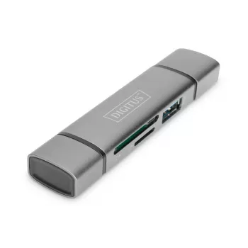 DIGITUS Combo Card Reader Hub (USB-C+USB 3.0) 1x SD, 1x MicroSD, 1x USB 3.0, grijs