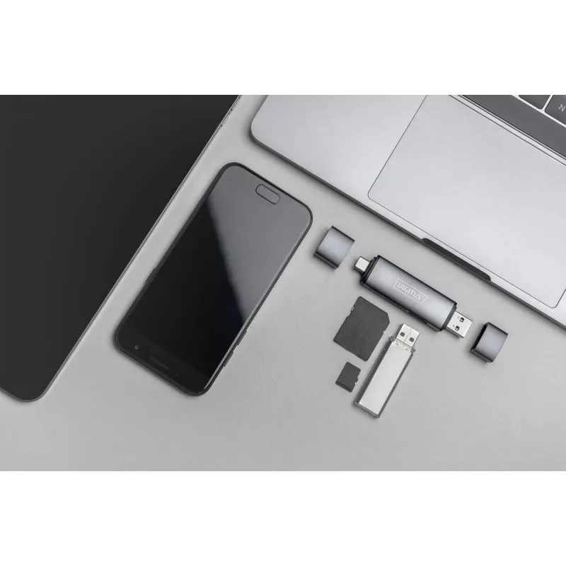 DIGITUS Combo Card Reader Hub (USB-C+USB 3.0) 1x SD, 1x MicroSD, 1x USB 3.0, grijs