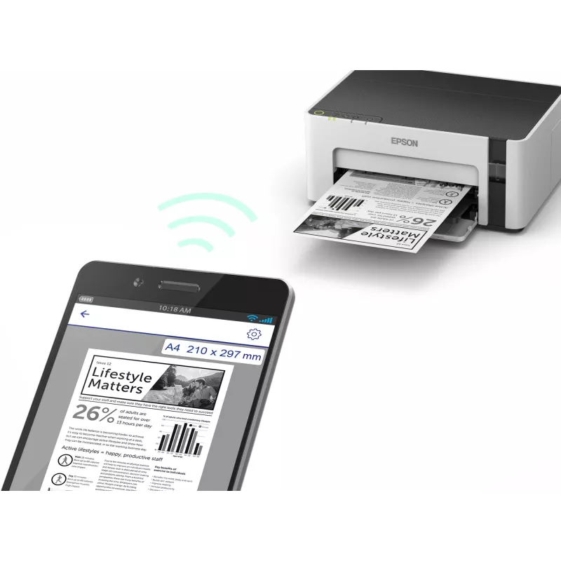 Inktjetprinter Epson EcoTank ET-M1120 — monochroom, A4, 1440x720 DPI, Wi-Fi, navulbare inktank