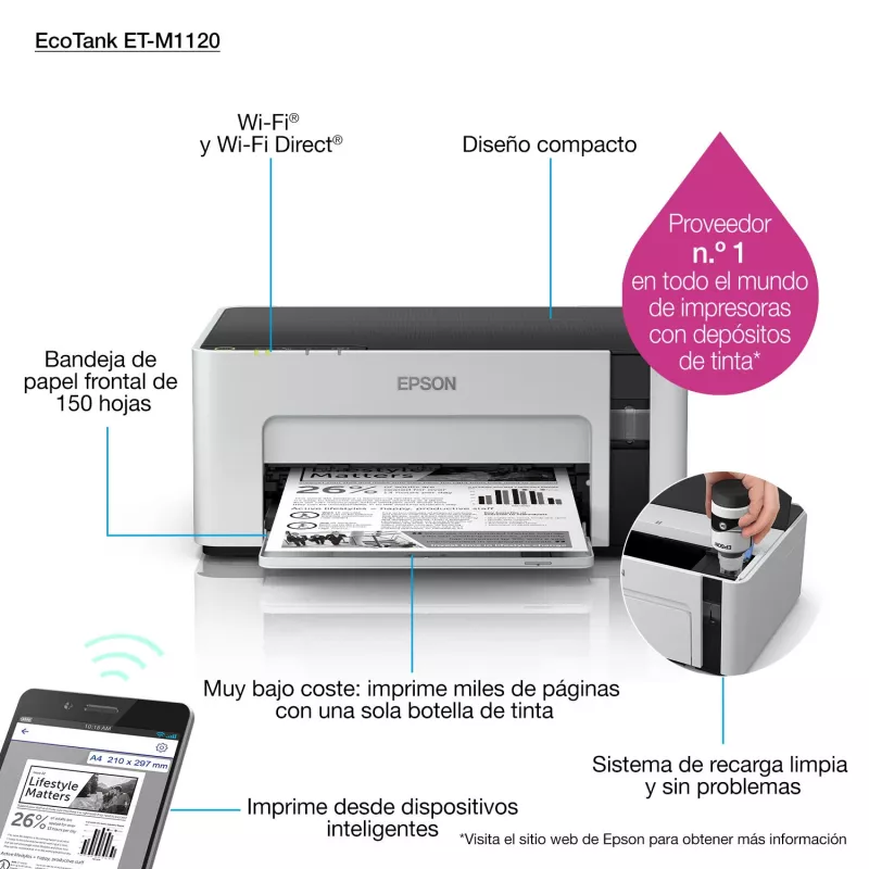 Inktjetprinter Epson EcoTank ET-M1120 — monochroom, A4, 1440x720 DPI, Wi-Fi, navulbare inktank