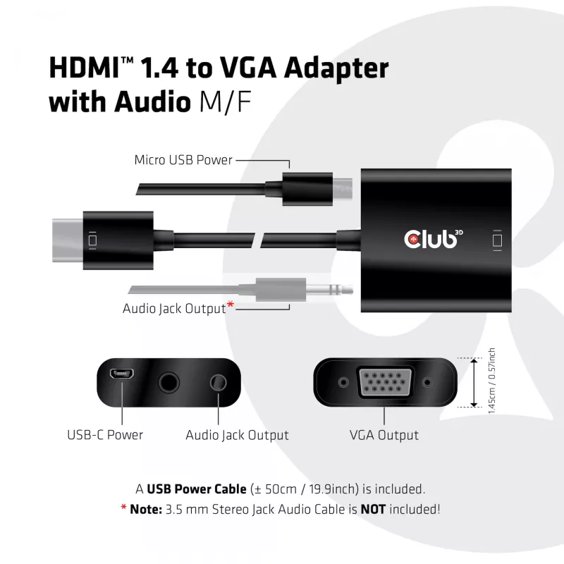 CLUB3D CAC-1302 Videokabeladapter 0,5 m HDMI type A (standaard) VGA (D-Sub) Zwart