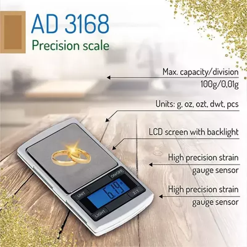 Precisieweegschaal Adler AD 3168, 100 g capaciteit, 0,01 g nauwkeurigheid, zilver, draagbaar