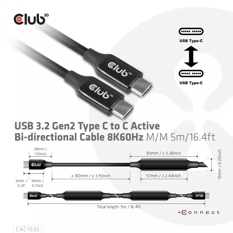 CLUB3D USB 3.2 Gen2 Type C naar C Actieve Bidirectionele kabel 8K60Hz M/M 5m/16.4ft