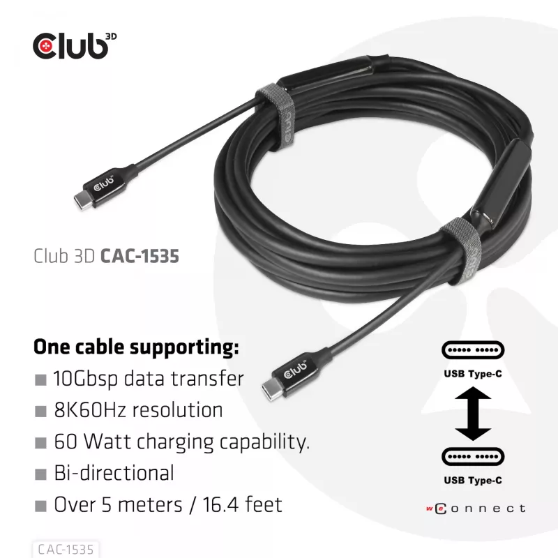 CLUB3D USB 3.2 Gen2 Type C naar C Actieve Bidirectionele kabel 8K60Hz M/M 5m/16.4ft