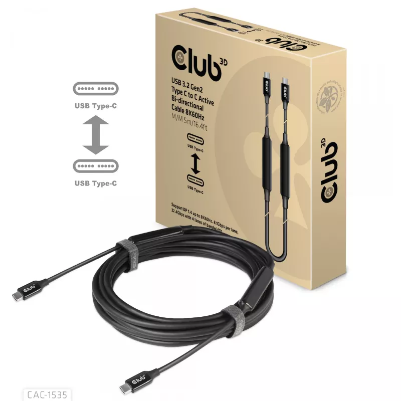 CLUB3D USB 3.2 Gen2 Type C naar C Actieve Bidirectionele kabel 8K60Hz M/M 5m/16.4ft