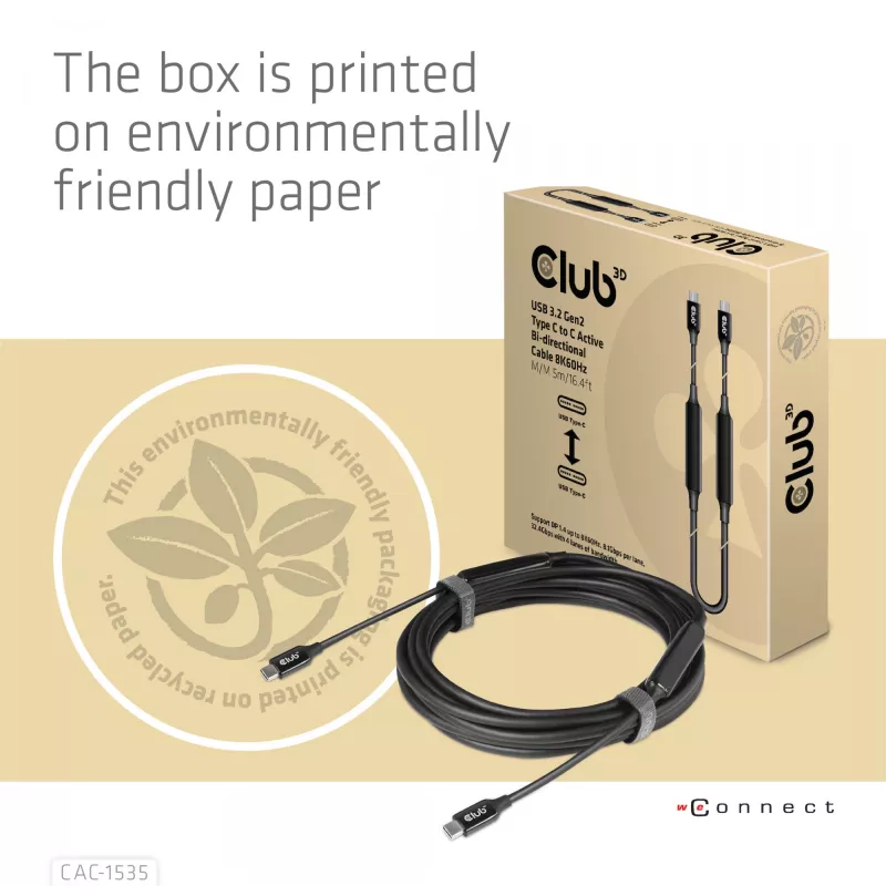 CLUB3D USB 3.2 Gen2 Type C naar C Actieve Bidirectionele kabel 8K60Hz M/M 5m/16.4ft