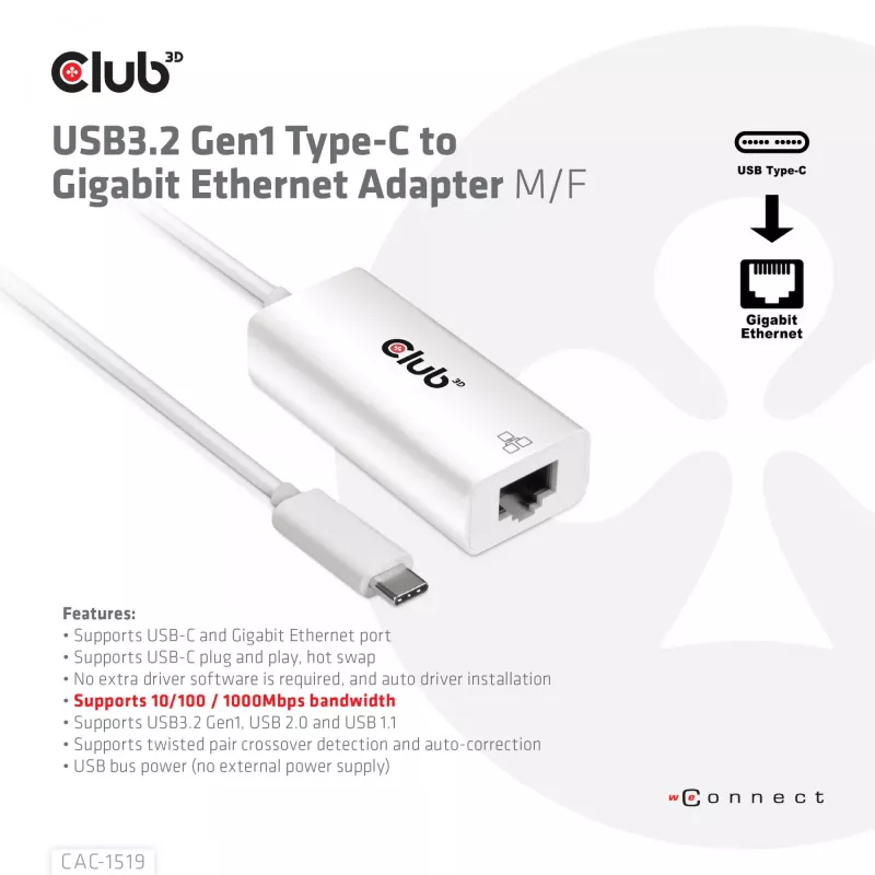 USB3.2 Gen1 Type-C naar Gigabit Ethernet adapter CLUB3D CAC-1519