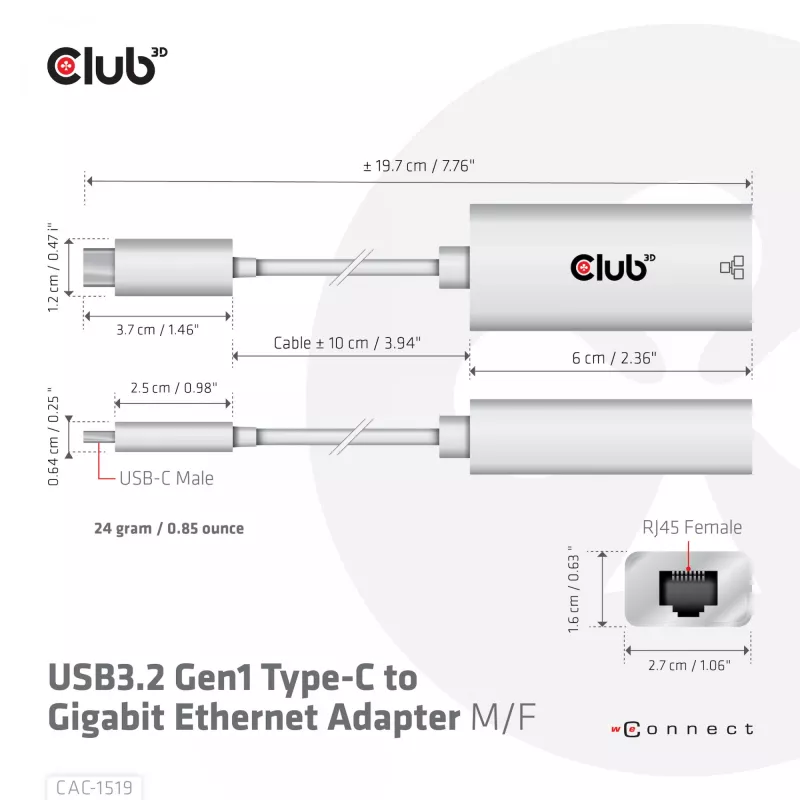 USB3.2 Gen1 Type-C naar Gigabit Ethernet adapter CLUB3D CAC-1519