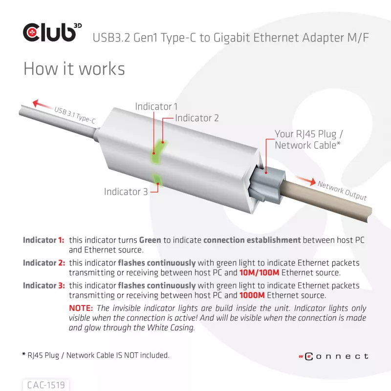 USB3.2 Gen1 Type-C naar Gigabit Ethernet adapter CLUB3D CAC-1519