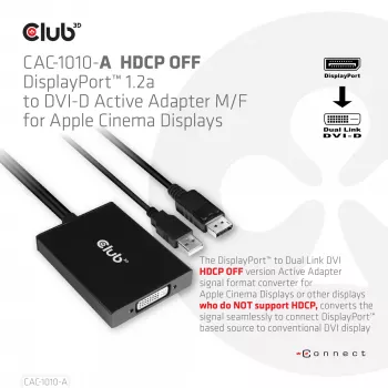 Club 3D CAC-1010-A actieve DisplayPort-naar-Dual Link DVI-D-adapter, DisplayPort 1.2a, USB-voeding, HDCP OFF, 0,6 m, zwart