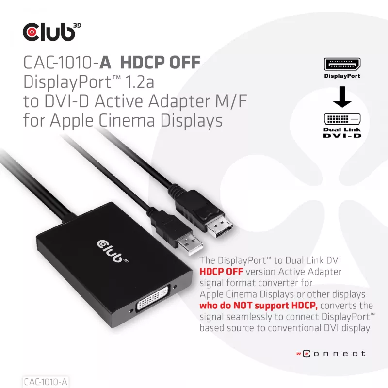 Club 3D CAC-1010-A actieve DisplayPort-naar-Dual Link DVI-D-adapter, DisplayPort 1.2a, USB-voeding, HDCP OFF, 0,6 m, zwart