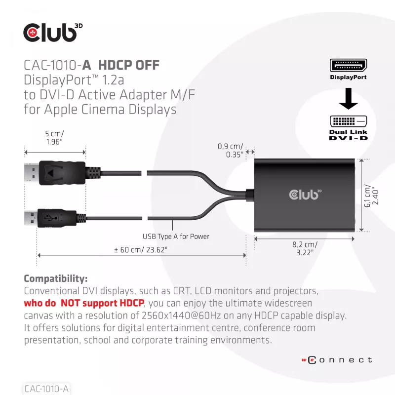 Club 3D CAC-1010-A actieve DisplayPort-naar-Dual Link DVI-D-adapter, DisplayPort 1.2a, USB-voeding, HDCP OFF, 0,6 m, zwart