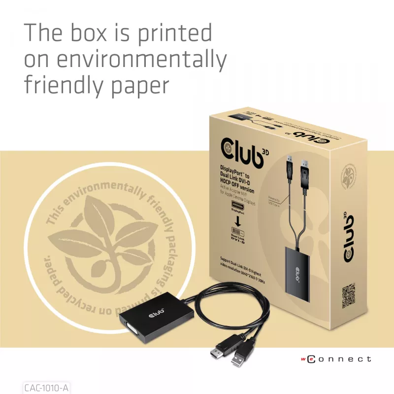 Club 3D CAC-1010-A actieve DisplayPort-naar-Dual Link DVI-D-adapter, DisplayPort 1.2a, USB-voeding, HDCP OFF, 0,6 m, zwart