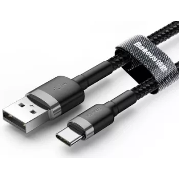 BASEUS gevlochten Cafule snellaadkabel - USB Type-A naar Type-C 2A - 3m - grijs/zwart (nylon)