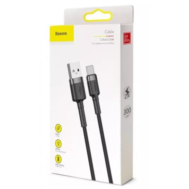 BASEUS gevlochten Cafule snellaadkabel - USB Type-A naar Type-C 2A - 3m - grijs/zwart (nylon)