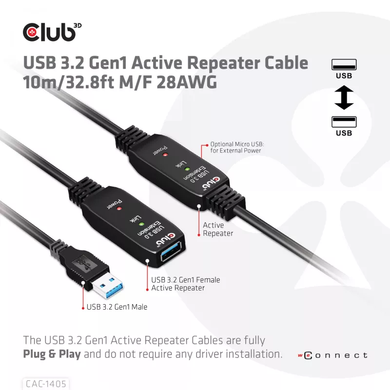 CLUB3D USB 3.2 Gen1 actieve repeater-kabel 10 m / 32.8ft M/F 28AWG