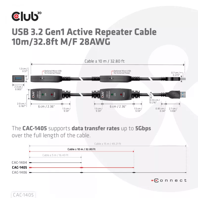 CLUB3D USB 3.2 Gen1 actieve repeater-kabel 10 m / 32.8ft M/F 28AWG